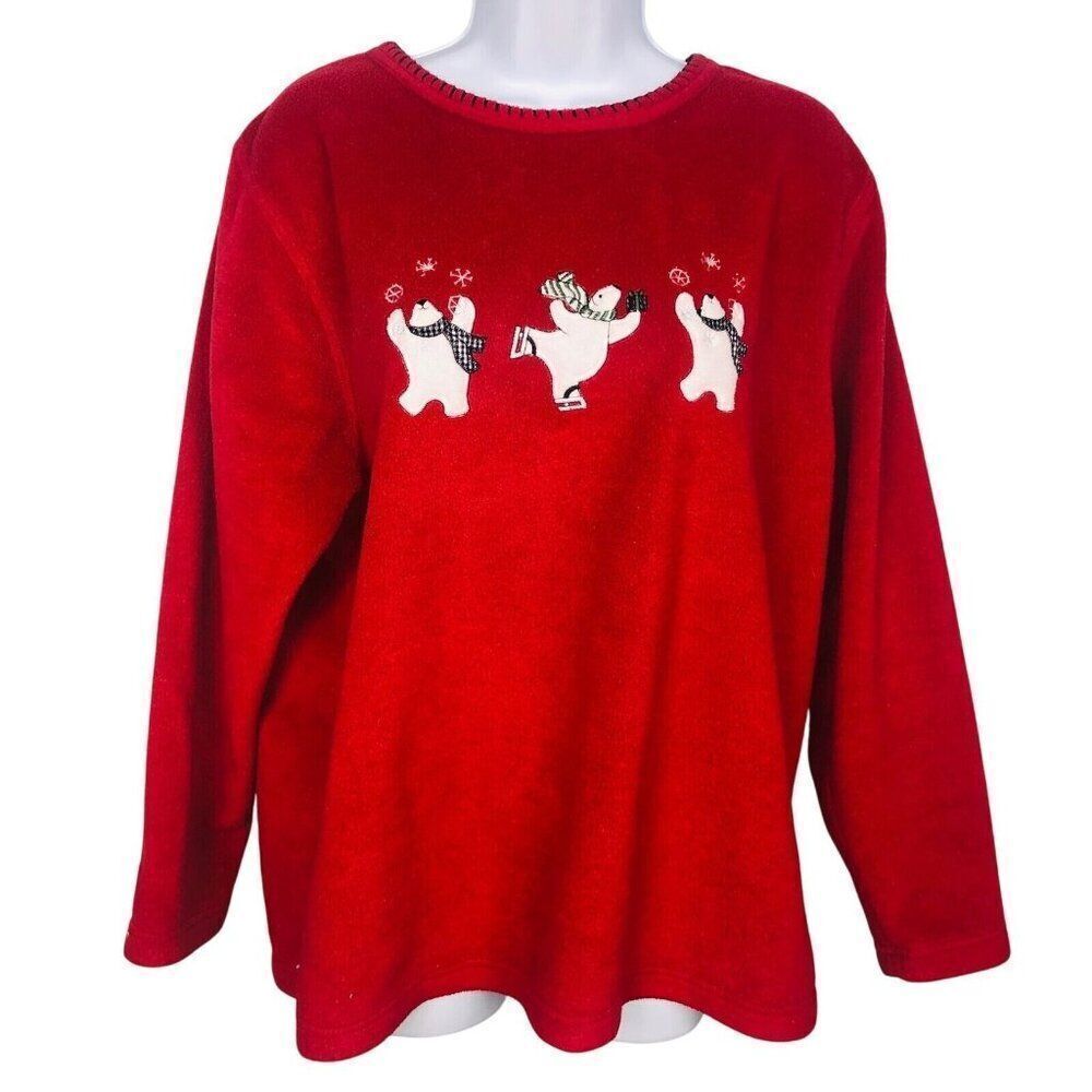 Vintage 90s Sweatshirt Womens L Red Christmas Polar Bears Fleece